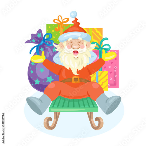 Funny Santa Claus sits on a sled with gifts. In cartoon style. Isolated on white background. Vector flat illustration.