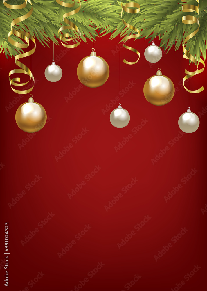 Christmas fir tree with baubles and golden serpentine. Christmas card Christmas fir tree with baubles and golden serpentine. Christmas card