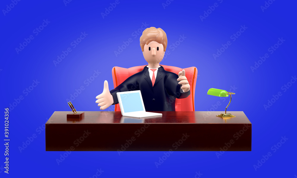 Cartoon 3d business man in a suit sits on a blue background at an expensive table in a nice chair, shows a laptop and points his finger at you like a boss Cartoon 3d business man in a suit sits on a blue background at an expensive table in a nice chair, shows a laptop and points his finger at you like a boss