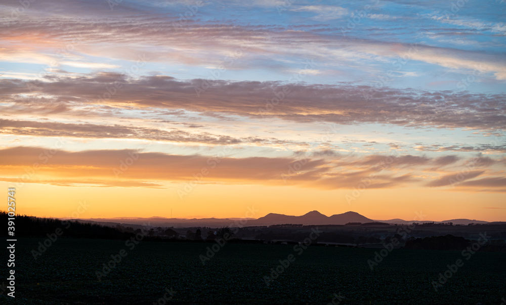 The Eildon hills at Sunset, Scottish Borders, UK