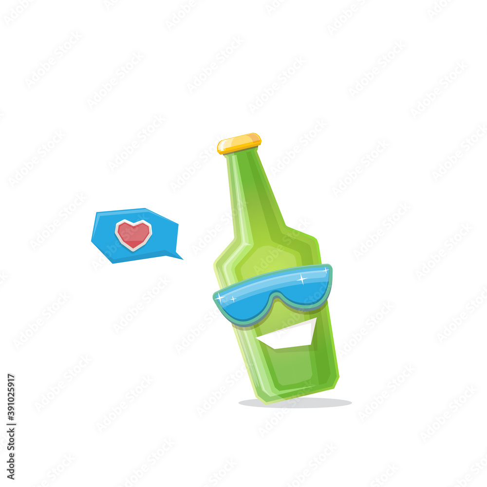 vector cartoon funky beer bottle character with sunglasses isolated on white background. Vector funny beer label or poster design template. International beer day cartoon comic poster or banner