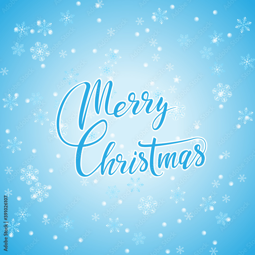 Merry Christmas hand lettering calligraphic on cold winter background with snowflakes.