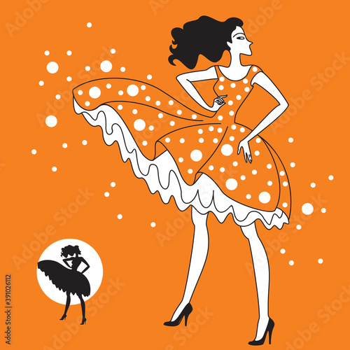 Young girl in polka dot dress. Cute fantasy female portrait of young woman. Illustration of happiness and fashion concept.
