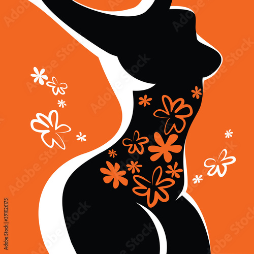 Black silhouette of a beautiful female figure with red flowers on orange background. Illustration of love concept.