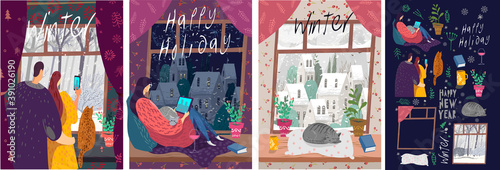 Vector illustration. A set of pictures about the Christmas holidays, a cozy room in the winter. People and video calls in the period of the lockdown.