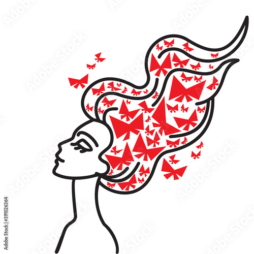 Girl with butterflies. Cute fantasy female portrait of young woman. Illustration of happiness concept. 
