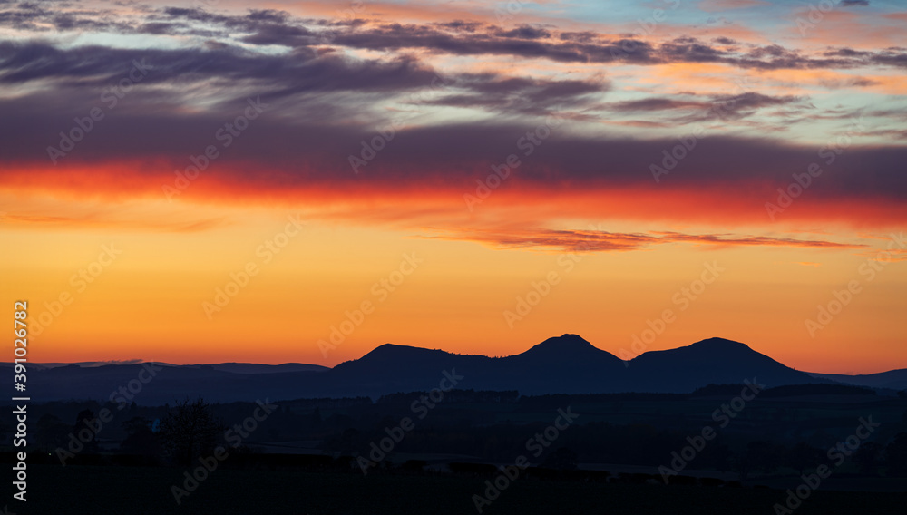 The Eildon hills at Sunset, Scottish Borders, UK