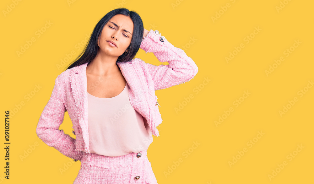 Young beautiful latin girl wearing business clothes stretching back, tired and relaxed, sleepy and yawning for early morning