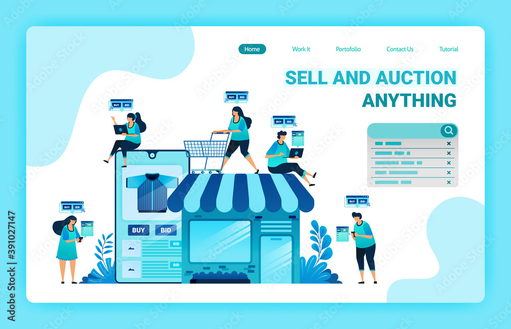 Fototapeta premium Landing page of shopping and spending money with e-commerce apps. Have your own shop with e-commerce. Find right item with online shop. Graphic design template for web, websites, site, banner, flyer