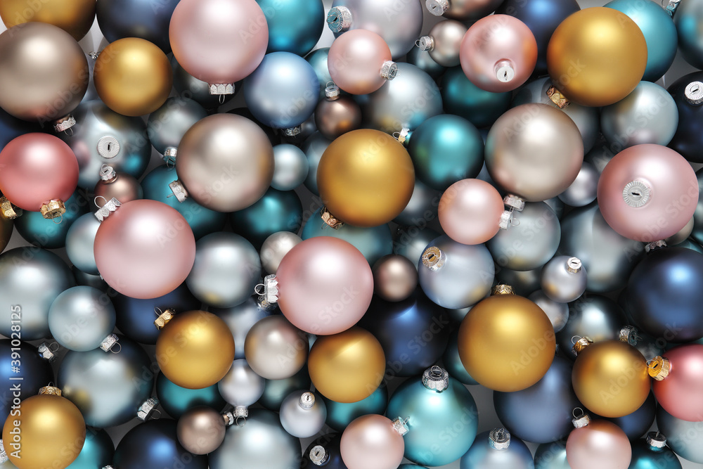Christmas decorations, top view of pile of glass colored balls, useful as a greeting gift card background