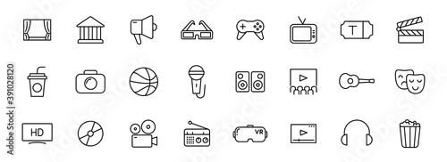 entertainment outline vector icons isolated on white. entertainment icon set for web and ui design  mobile apps and print products