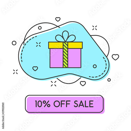 discount label 10 percents in trendy color flat style vector illustration. Color vector label with gift and fluid bubble shape for black friday and other discounts and promo actions