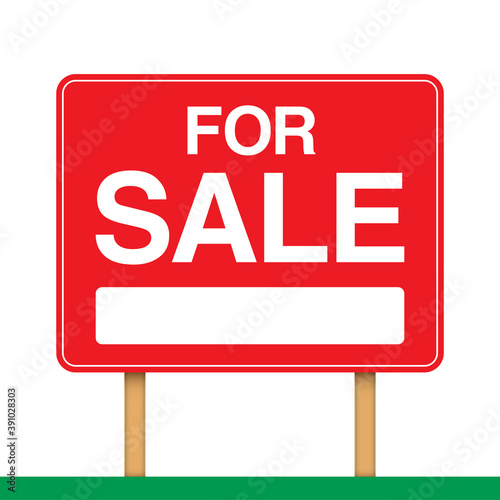 For sale banner, standing on wooden poles. Ad banner for house or property sale. Realty trade red vector placard.