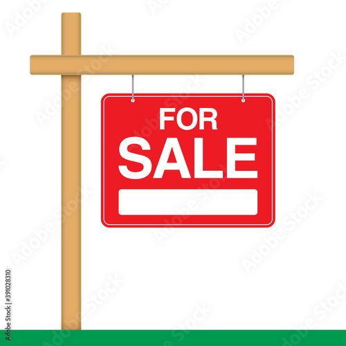 For sale banner, hanging on a wooden pole. Ad banner for house or property sale. Realty trade red vector placard.