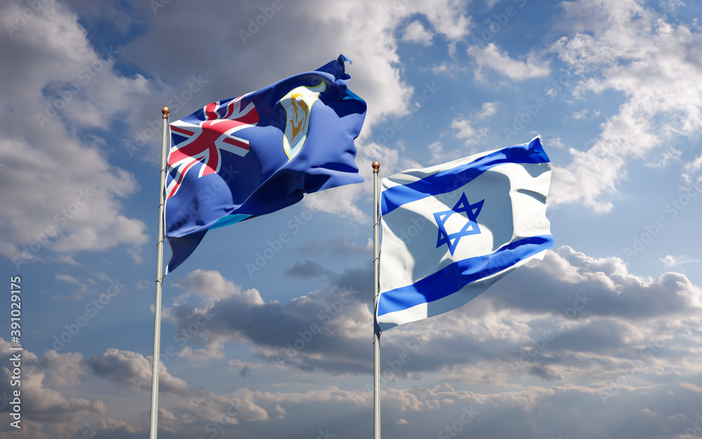 Beautiful national state flags of Israel and Anguilla together at the sky background. 3D artwork concept. Beautiful national state flags of Israel and Anguilla together at the sky background. 3D artwork concept.