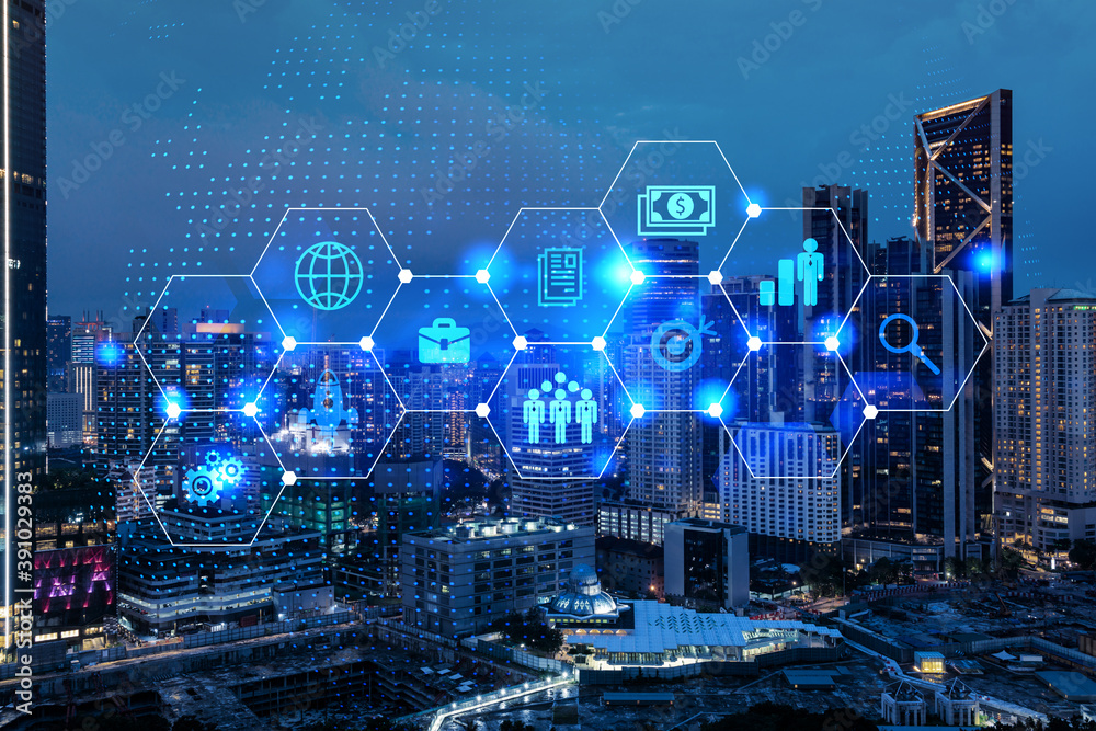 Research and technological development glowing icons. Night panoramic city view of Kuala Lumpur. Concept of innovative activities expanding new services or products in Malaysia, Asia. Double exposure. Research and technological development glowing icons. Night panoramic city view of Kuala Lumpur. Concept of innovative activities expanding new services or products in Malaysia, Asia. Double exposure.