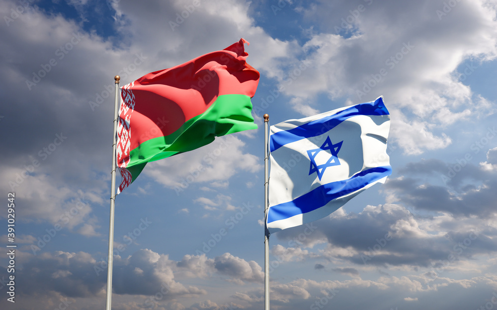 Beautiful national state flags of Israel and Belarus together at the sky background. 3D artwork concept. Beautiful national state flags of Israel and Belarus together at the sky background. 3D artwork concept.