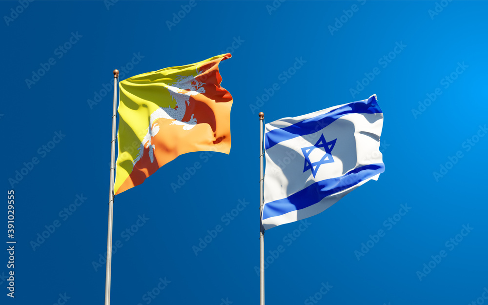 Beautiful national state flags of Israel and Bhutan together at the sky background. 3D artwork concept. Beautiful national state flags of Israel and Bhutan together at the sky background. 3D artwork concept.