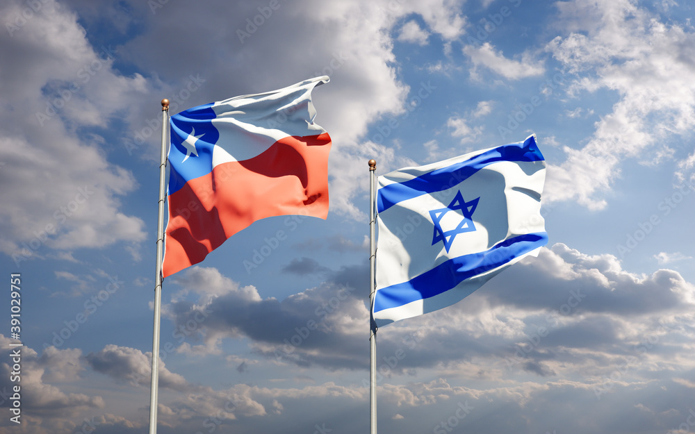 Beautiful national state flags of Israel and Chile together at the sky background. 3D artwork concept. Beautiful national state flags of Israel and Chile together at the sky background. 3D artwork concept.