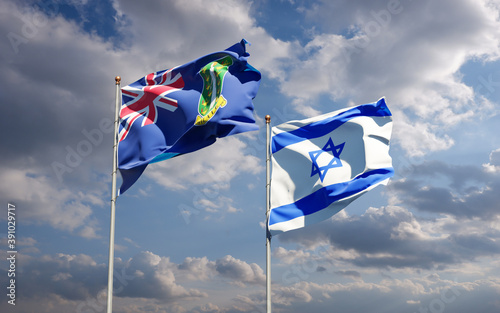 Beautiful national state flags of Israel and British Virgin Islands together at the sky background. 3D artwork concept.