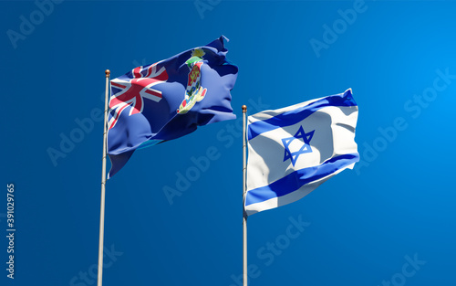 Beautiful national state flags of Israel and Cayman Islands together at the sky background. 3D artwork concept.