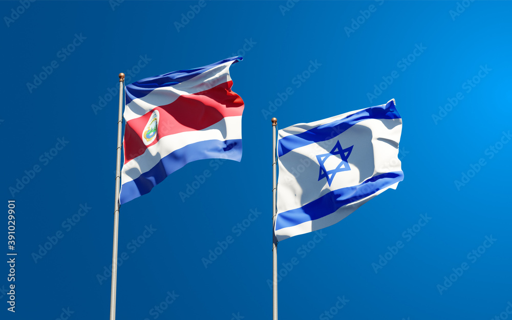 Beautiful national state flags of Israel and Costa Rica together at the sky background. 3D artwork concept. Beautiful national state flags of Israel and Costa Rica together at the sky background. 3D artwork concept.