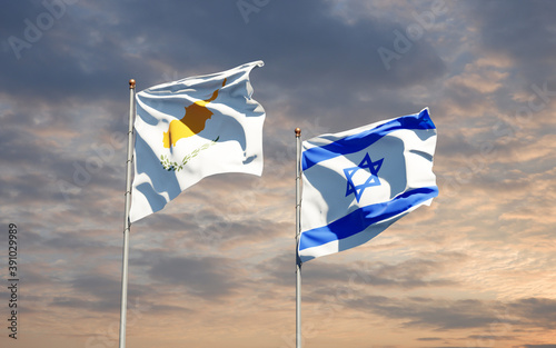 Beautiful national state flags of Israel and Cyprus together at the sky background. 3D artwork concept.