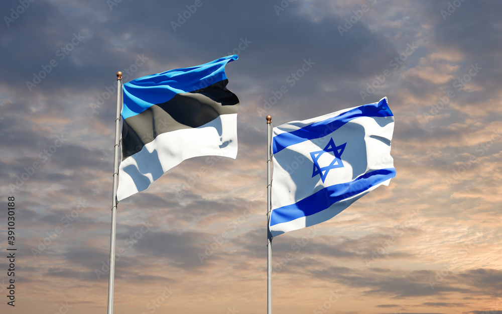 Beautiful national state flags of Israel and Estonia together at the sky background. 3D artwork concept. Beautiful national state flags of Israel and Estonia together at the sky background. 3D artwork concept.
