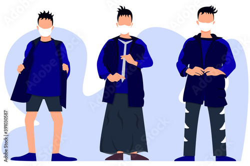 The character of adult wears Trousers, Shorts, and traditional short Indonesia