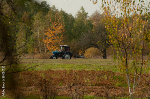 the tractor works in the field in autumn