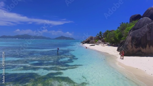 La Digue, Seychelles. Aerial view of amazing tropical beach on a sunny day
