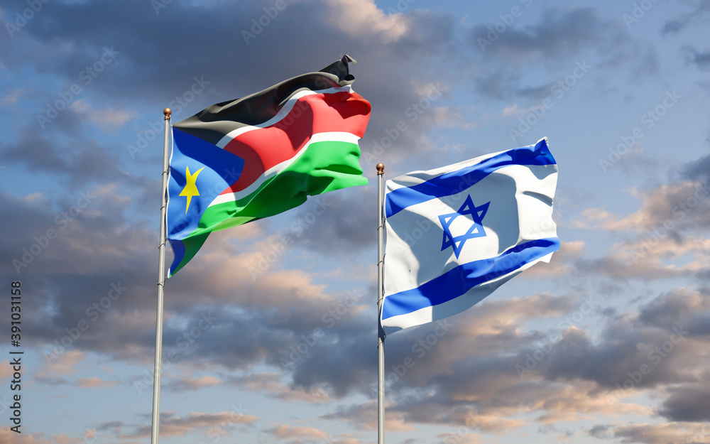 Beautiful national state flags of South Sudan and Israel together at the sky background. 3D artwork concept. Beautiful national state flags of South Sudan and Israel together at the sky background. 3D artwork concept.