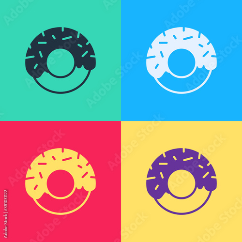 Pop art Donut with sweet glaze icon isolated on color background. Vector.