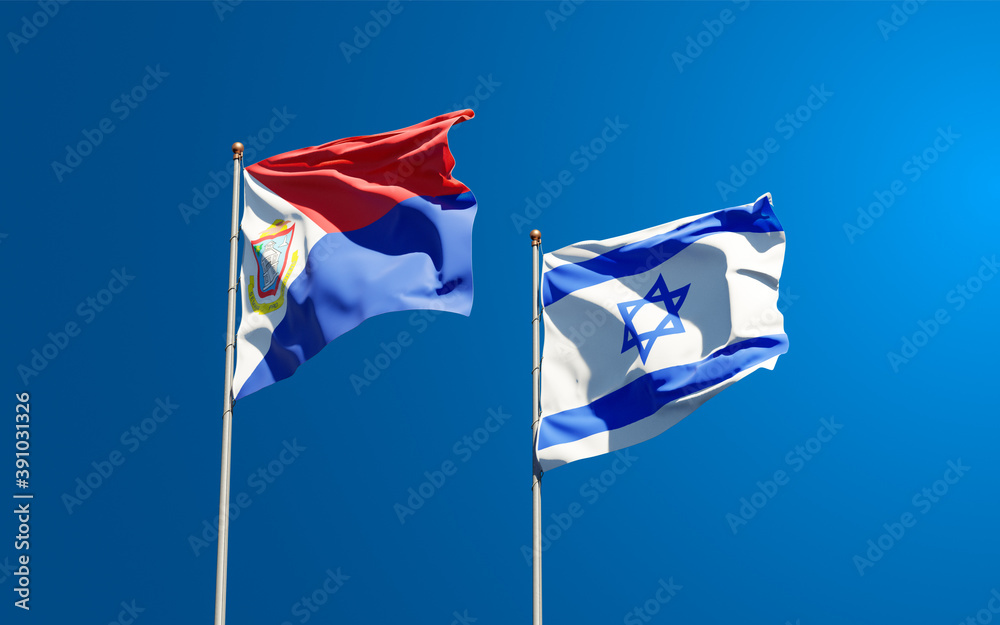 Beautiful national state flags of Sint Maarten and Israel together at the sky background. 3D artwork concept. Beautiful national state flags of Sint Maarten and Israel together at the sky background. 3D artwork concept.