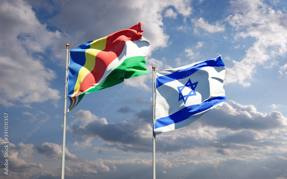 Beautiful national state flags of Seychelles and Israel together at the sky background. 3D artwork concept. Beautiful national state flags of Seychelles and Israel together at the sky background. 3D artwork concept.