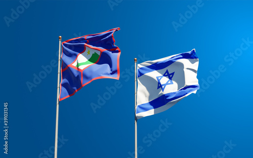 Beautiful national state flags of Sint Eustatius and Israel together at the sky background. 3D artwork concept.