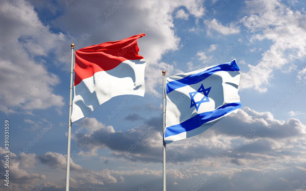 Beautiful national state flags of Indonesia and Israel together at the sky background. 3D artwork concept. Beautiful national state flags of Indonesia and Israel together at the sky background. 3D artwork concept.