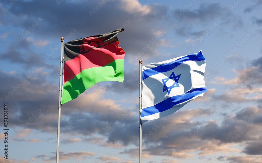 Beautiful national state flags of Malawi and Israel together at the sky background. 3D artwork concept.