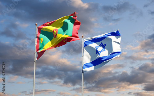 Beautiful national state flags of Grenada and Israel together at the sky background. 3D artwork concept. © Leo Altman