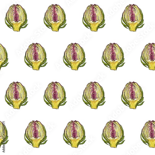Image of an artichoke in section. Hand-drawn seamless pattern. Digital sketch of a vegetable
