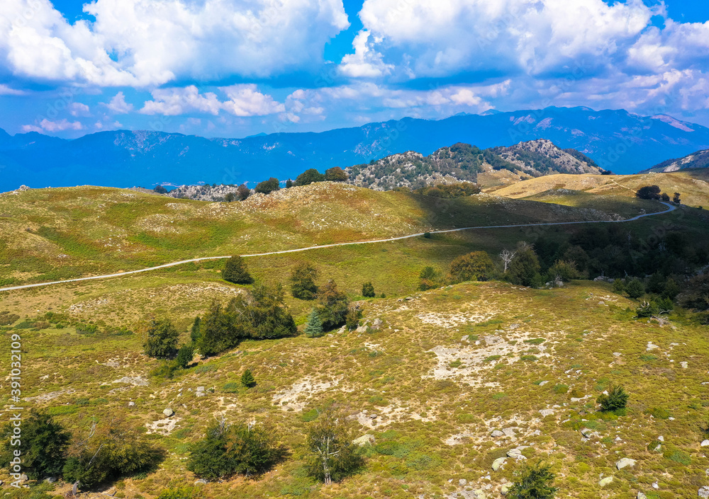 Aerial view: Spectacular landscape at the nature reserve Plateau de Coscione, near Quenza. Corsica, France.