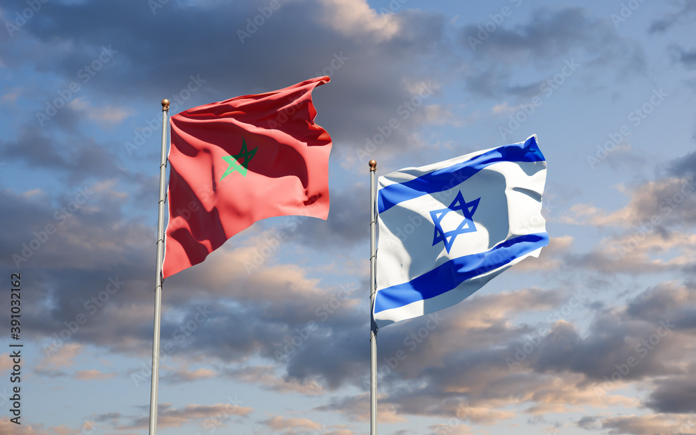 Beautiful national state flags of Morocco and Israel together at the sky background. 3D artwork concept. Beautiful national state flags of Morocco and Israel together at the sky background. 3D artwork concept.