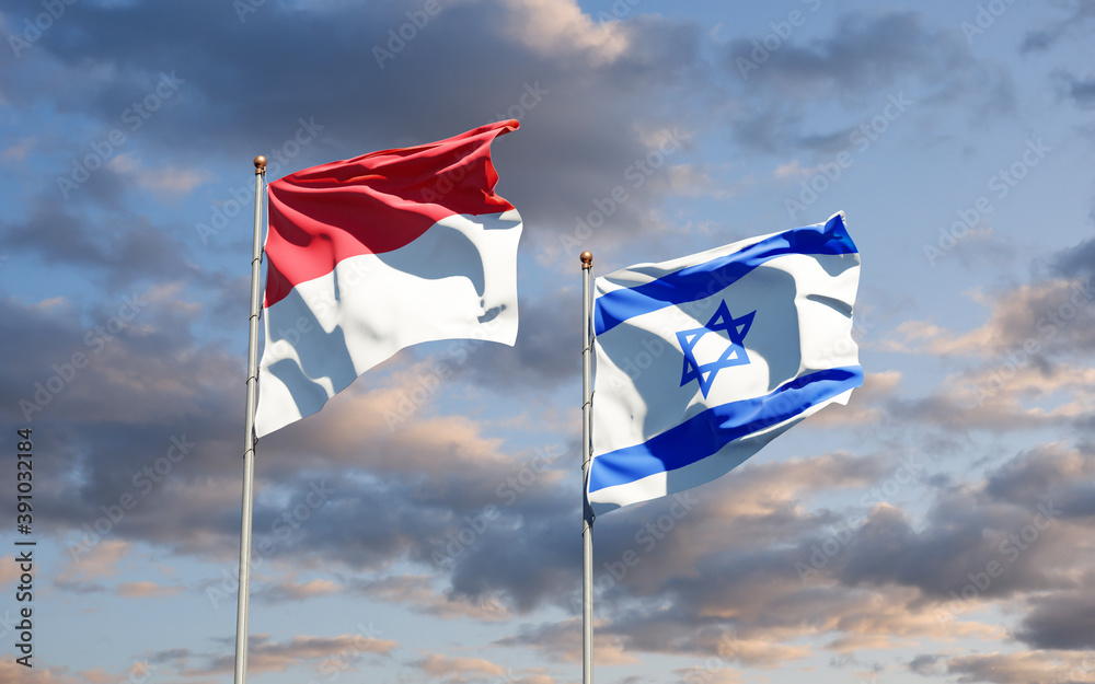 Beautiful national state flags of Monaco and Israel together at the sky background. 3D artwork concept. Beautiful national state flags of Monaco and Israel together at the sky background. 3D artwork concept.