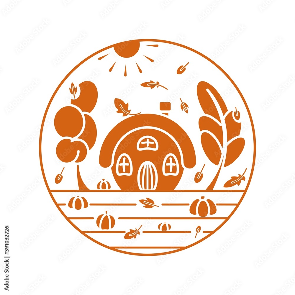 Autumn house in garden. Silhouette. Beauty in nature. An image of silhouettes of sun, house, trees, falling leaves and pumpkins. Color of the objects is warm orange. Design element. Vector illustratio Autumn house in garden. Silhouette. Beauty in nature. An image of silhouettes of sun, house, trees, falling leaves and pumpkins. Color of the objects is warm orange. Design element. Vector illustratio