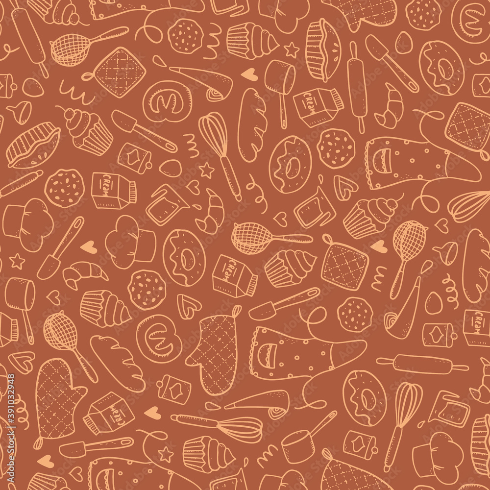 seamless pattern with hand drawn bakery doodles on brown background for wrapping paper, textile abd fabric prints, backgrounds, wallpaper, packaging, etc. 