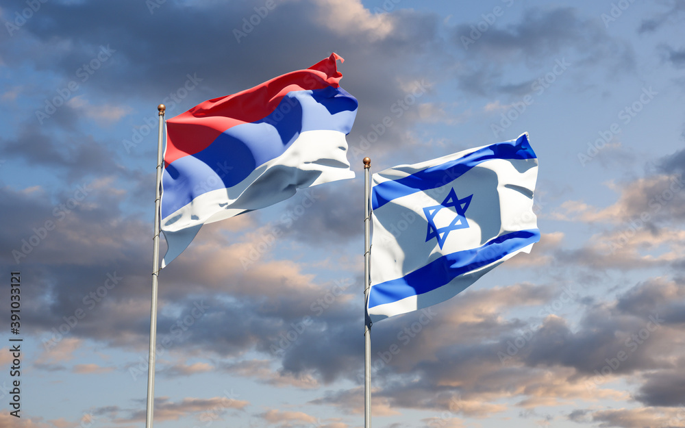 Beautiful national state flags of Republika Srpska and Israel together at the sky background. 3D artwork concept. Beautiful national state flags of Republika Srpska and Israel together at the sky background. 3D artwork concept.