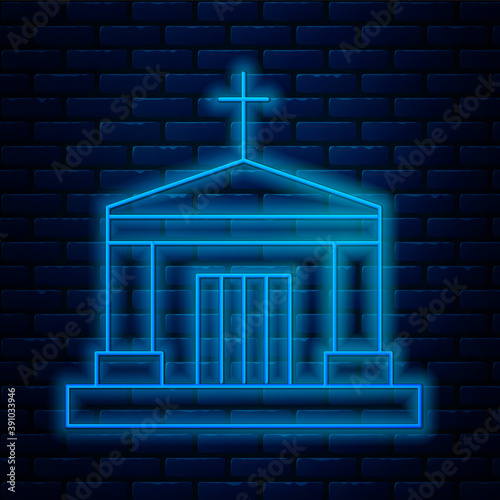 Glowing neon line Old crypt icon isolated on brick wall background. Cemetery symbol. Ossuary or crypt for burial of deceased. Vector.