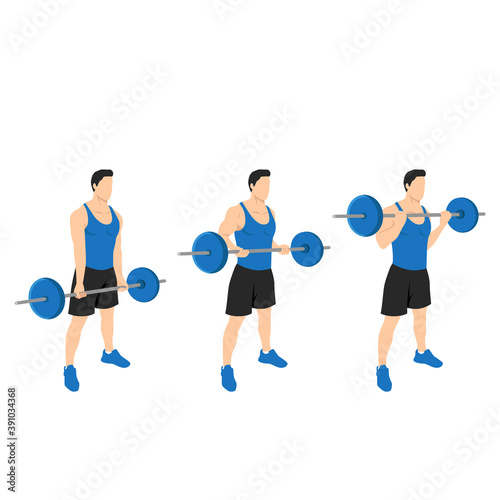 Man doing Barbell drag bicep curls exercise. 21 bicep exercise. 7 Steps.Arm workout. Flat vector illustration of a fitness man isolated on white background