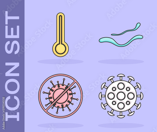 Set Virus, Medical thermometer, Stop virus and Ebola virus disease icon. Vector.