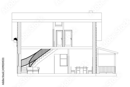 Architectural black and white background. Cross-section suburban house. Modern vector blueprint.
